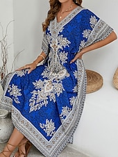 billiga Bohemklänningar-Dam Maxiklänning Vardagsklänning Boho Chic klänningar Boho-klänning bohemliv söt stil Stylish Semester Dagligen Strand Lös passning Grafisk Kortärmad V-hals Rubinrött Blå Sommar Vår Höst