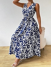 baratos Vestidos Florais Elegantes-vestido longo feminino floral com decote em v sem mangas verão primavera