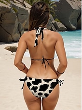 olcso Bikini-Női fürdőruhák Bikiniszett 2 részes Feltűnő fürdőruha Hát nélküli Karcsúsító Vakációs Strandruha Tehén mintás V nyakú Ujj nélküli Fürdőruhák