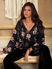 economico Top in Pizzo-Bluse Eleganti in Pizzo per Donna con Occhielli Blusa per San Valentino Top Regolari a Maniche Lunghe Maniche a Lanterna Collo a V Patchwork Fit aderente per il lavoro Top Petits Romantici da