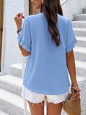 preiswerte Damen Arbeitsoberteile-Damen Hemd Bluse Feste Farbe Basic Brautkleider schlicht Kurzarm Gekerbter Hals Normale Oberteile Täglich Rüsche Rosa Blau Khaki Sommer