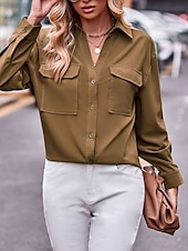 voordelige Vrouwen Werk Tops-Dames Overhemd Effen Kleur Stijlvol Casual Lange mouw Overhemdkraag Normale tops Feest Werk Dagelijks Zak Leger Groen Rood Kameel Lente Herfst Winter