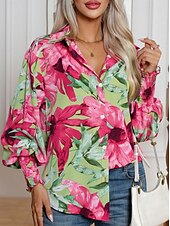 economico Top da Vacanza per Donne-Camicie hawaiane da donna Bluse Quotidiana Casual Grafica Floreale Top Regolari a maniche lunghe Camicia a maniche Lantern Collo Pulsanti Vestibilità Larga Quotidiana Vacanza Blu Rosa Rosa Estate