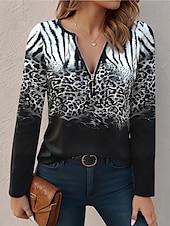 cheap Art&amp;Design tee-Women&#039;s T Shirt Ombre Leopard Casual Long Sleeve V Neck Regular Tops Daily Zipper Print Black Spring Winter