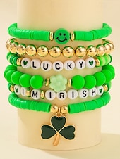 billige Damearmbånd-st. patrick&#039;s day lucky charm armbånd – irsk grønn beaded stretch armbåndsett for kvinner, festlig ferietilbehør med shamrock og bokstavdetaljer