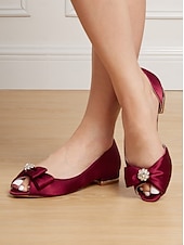 abordables Semi-formel-ballerines à bout ouvert en satin bordeaux pour femmes avec nœud et ornements en strass – chaussures de mariage élégantes pour les occasions nuptiales et formelles