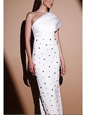 abordables BLANC-Robe de soirée Sheath  Colonne Élégante Robe Invité de mariage Longue crue Sans manches Une épaule mélange de coton avec strass