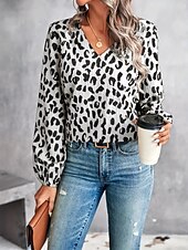 billige Kvinnenes arbeids topper-Dame Skjorte Bluse Leopard Fritid Langermet V-hals Vanlige topper Daglig Trykt mønster Svart Hvit Grønn Høst Vinter