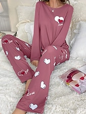 billiga Sovkläder till damer-Dam Pyjamas set Ledigt Komfort Comfrt Hjärta T-shirt Byxa Hem Långärmad Rund hals Rodnande Rosa Vår Höst Vinter