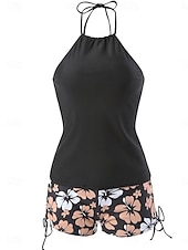 billiga Tankinis-Dam Badkläder 2 st Pojkeben Baddräkt Öppen rygg Smal Semester Standkläder Blommig Halterneck Ärmlös Baddräkter