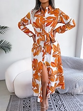 preiswerte Kleider für die Ferien-Damen Maxidress blusenkleid Casual kleid A Linie Kleid Stilvoll Brautkleider schlicht Urlaub Täglich Regular Fit Blumen Langarm Hemdkragen Blau Orange Frühling Herbst