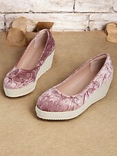 cheap Platform Heels-Women&#039;s Pink Velvet Espadrille Wedge Shoes, Casual Slip-On Platform Flats for Summer and Daily Wear