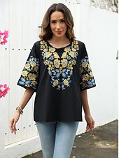 preiswerte Boho Tops-Damen Hemd Feste Farbe Blumen Brautkleider schlicht Boho 3/4 Ärmel Ellbogenlange Ärmel Rundhalsausschnitt Normale Oberteile Urlaub Party Täglich Bestickt Schwarz Herbst Frühling Sommer