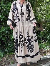 cheap Boho Dress-Women&#039;s Maxi Dress Casual Dress Swing Dress Boho Dress Vintage Ethnic Casual Vacation Daily Regular Fit Floral Long Sleeve Notched Neck Black White Spring Fall