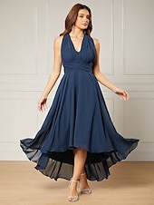 billiga Bröllopsgästklänningar-A-linjeformade bröllopsgästklänningar elegant klänning formell te-längd ärmlös en axel höst bröllopsgäst chiffong med rynkor