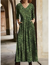 billige Elegante blomsterkjoler-kvinners vinterkjole t-skjortekjole tee-kjole floral stammelomme v-hals lang kjole maxikjole vintage etnisk daglig langermet høst vinter