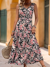 economico Abiti da vacanza-Per donna Vestito longuette Abito casual Abiti Boho Chic Abito senza maniche Boemia Moda Informale Da mare Giornaliero Spiaggia Morbido Pop art Senza maniche A V Nero Blu Estate Primavera