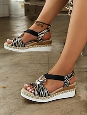 preiswerte Lässige Sandalen-Damen-Espadrille-Keilsandalen im Boho-Stil mit metallischem Ringdetail – Riemchen-Sommerschuhe für Freizeit und Strand