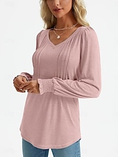 cheap Plain tee-Women&#039;s Shirt Blouse Solid Color Basic Casual Long Sleeve V Neck Regular Tops Daily Ruched Smocked Pink Blue Green Summer Spring