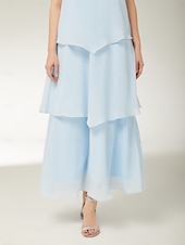 billiga Golvlängd-Sheath  Kolumn Mor till Bruden Klänning Strandbröllop Elegant Enkel Juvelhals Ankellängd Chiffon Ärmlös med Tier Enhetlig Färg