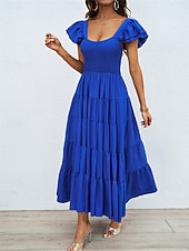 رخيصةأون فساتين الحفلات-فستان نسائي متوسط الطول برقبة مربعة وأكمام قصيرة للصيف والربيع