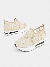 cheap Bride-Women's Glitter Lace Slip-On Platform Sneakers – Dressy Comfort Walking Shoes for Wedding Guests, Parties &amp; Travel (Gold/Black/Silver/Pink/White)