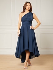 billiga Bröllopsgästklänningar-A-linjeformade bröllopsgästklänningar elegant klänning formell te-längd ärmlös en axel höst bröllopsgäst chiffong med rynkor