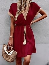 voordelige Bloemenjurken-Dames Mini-jurk Casual jurk A lijn jurk Stijlvol Basic Casual Vakantie Dagelijks Normale pasvorm Effen Korte mouw V-hals Wijn blauw Zomer Lente