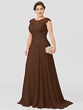 preiswerte Bodenlänge-A-Linie Mutter der Braut Kleid Hochzeitsgast Elegant Plus Size Illusionshals Sweep  Brush Zug Chiffon Perlenbesetzte Spitze Kurze Ärmel ohne Schleife(n) Falten 2025 kostenlose Maßanfertigung