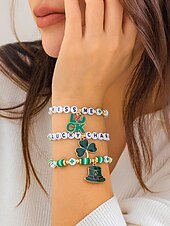 billige Damearmbånd-st. patrick&#039;s day lucky charm armbånd – irsk grønn beaded stretch armbåndsett for kvinner, festlig ferietilbehør med shamrock og bokstavdetaljer