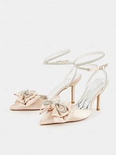 cheap Prom-Nude Satin Rhinestone Bow Pointed Toe Stiletto Heels for Women - Prom Party Shoes or Wedding