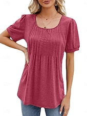 preiswerte Damen Einfache Oberteile-Damen Hemd Bluse Feste Farbe Basic Brautkleider schlicht Kurzarm Rundhalsausschnitt Normale Oberteile Täglich Rüschen Weiß Wein Marineblau Sommer Frühling