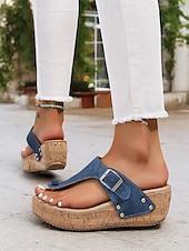 preiswerte Lässige Sandalen-Blaue Keilsandaletten für Damen mit Schnallenriemen und Nietendetails, bequeme Sommerschuhe für die Freizeit und den Strand