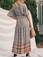 levne Boho šaty-Dámské Maxi šaty Volnočasové šaty Swingové šaty Áčkové šaty Boho šaty Na běžné nošení Denní Běžný Květinový Poloviční rukáv Do V Žlutá Rubínově červená Vodní modrá Léto Jaro Podzim