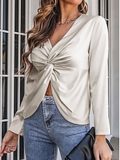 preiswerte Elegante Oberteile-Damen Hemd Bluse Feste Farbe Elegant Modern Brautkleider schlicht Langarm V Ausschnitt Normale Oberteile kleid hochzeitsgast Arbeit Täglich Verdrehter Knoten Schwarz Weiß Sommer Frühling
