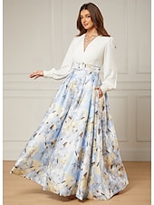 abordables FLORALES-Robe de Soirée A-Line Élégante Robe de Mariage Invité Longueur De Sol Manches Longues Col V Ceinture  Sash Satin avec Fente Robe Invité Mariage 2025