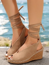 cheap Vacation Sandals-Women&#039;s Khaki Faux Suede Wedge Sandals with Peep-Toe and Wraparound Ankle Straps - Comfortable Summer Shoes for Casual and Beach Wear