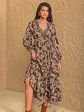 levne Boho šaty-Dámské Maxi šaty Volnočasové šaty Boho šaty s dlouhým rukávem Boho šaty Na běžné nošení Cikánský Nahoře nabírané Domů Práce Denní Běžný Grafika Geometrický Dlouhý rukáv Do V Žlutá Hnědá Léto Jaro