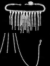 お買い得  レディースネックレス-女性用ゴールドラインストーンチョーカーネックレスとボディチェーンジュエリー、パーティー、結婚式、夜のイベントに最適な高級ステートメントボディアクセサリー