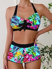 billiga Bikiniset-Dam Badkläder Bikini 2 st Pojkeben Baddräkt Öppen rygg Smal Semester Standkläder Grafisk Halterneck Ärmlös Baddräkter
