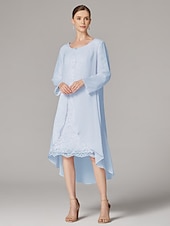 cheap With Jacket-Two Piece A-Line Dress Beach Wedding Suit Mother of the Bride Dress Elegant Plus Size Jewel Neck Tea Length Chiffon Lace Short Sleeve Jacket Dresses with Solid Color