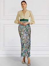 billige GRØNN-Sheath  Kolonne Kveldsdrakt Elegant Kjole Formell Bryllup Ankellengde Lange Ermer V-Krage Belte  Sash Paljett med Slisse Broderi Applikasjoner
