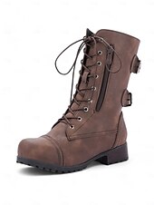 cheap Combat Boots-Versatile Brown Leather Lace-Up Boots with Military Flair for Women - Perfect for Fall and Winter Everyday Wear