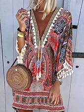 ieftine Rochii Boho-Pentru femei Rochie Mini Rochie casual Rochie Boho Stilat Casual Vacanță Zilnic Fit regulat Floral Lungime Manșon 3/4 În V Roșu-aprins Vară Primăvară