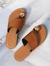 cheap Vacation Sandals-Women&#039;s Brown Slip-On Toe Ring Sandals with Gold Accent, Minimalist Flat Slides for Casual Summer and Beach Wear