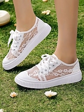 abordables Occasionnel-baskets de mariage en dentelle florale pour femmes – chaussures de mariée décontractées avec semelle confortable et design à lacets