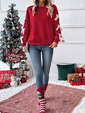 cheap Textured Hoodies &amp; Sweatshirts-Women&#039;s Sweatshirt Casual Plain Street Dailywear Crew Neck Patchwork Long Sleeve Red Fall Winter