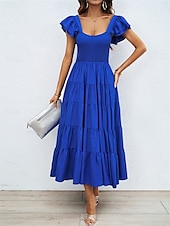 رخيصةأون فساتين الحفلات-فستان نسائي متوسط الطول برقبة مربعة وأكمام قصيرة للصيف والربيع