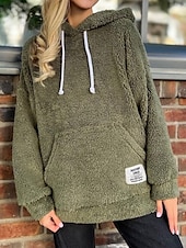 baratos Moletons e moletons-Mulheres Pulôver Moletom Com Capuz Tecido Quente Roupa de rua Casual Manga Longa Com Capuz Tops regulares Casual Patchwork Preto Verde cáqui Primavera Outono Inverno