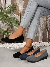 お買い得  レディースフラットシューズ-クッションソールを備えた女性用の柔らかいネイビーブルーのスエードスリッポンフラットシューズ | 普段使いに最適